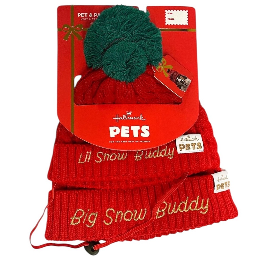 Hallmark Pets Knit Human Pet Red Matching Beanie Hat Set 2 Pieces Pom Pom